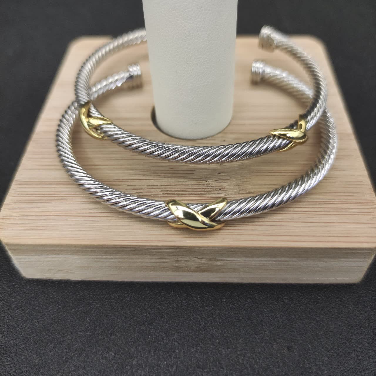 David Yurman Silver Cable Wire Bangle Bracelet with Gold Accents